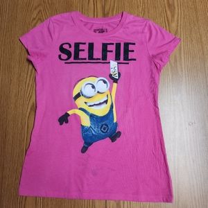 Girls Tee Shirt DESPICABLE ME MINION Selfie Pink With Graphics Sz L 